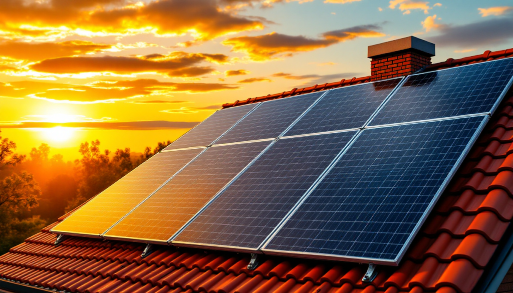 painel solar no telhado da casa por dosol ao fundo