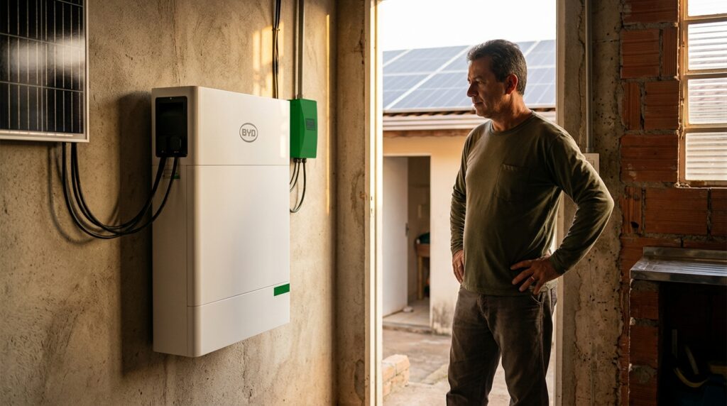 Bateria solar residencial instalada em casa brasileira — BYD Battery-Box em garagem