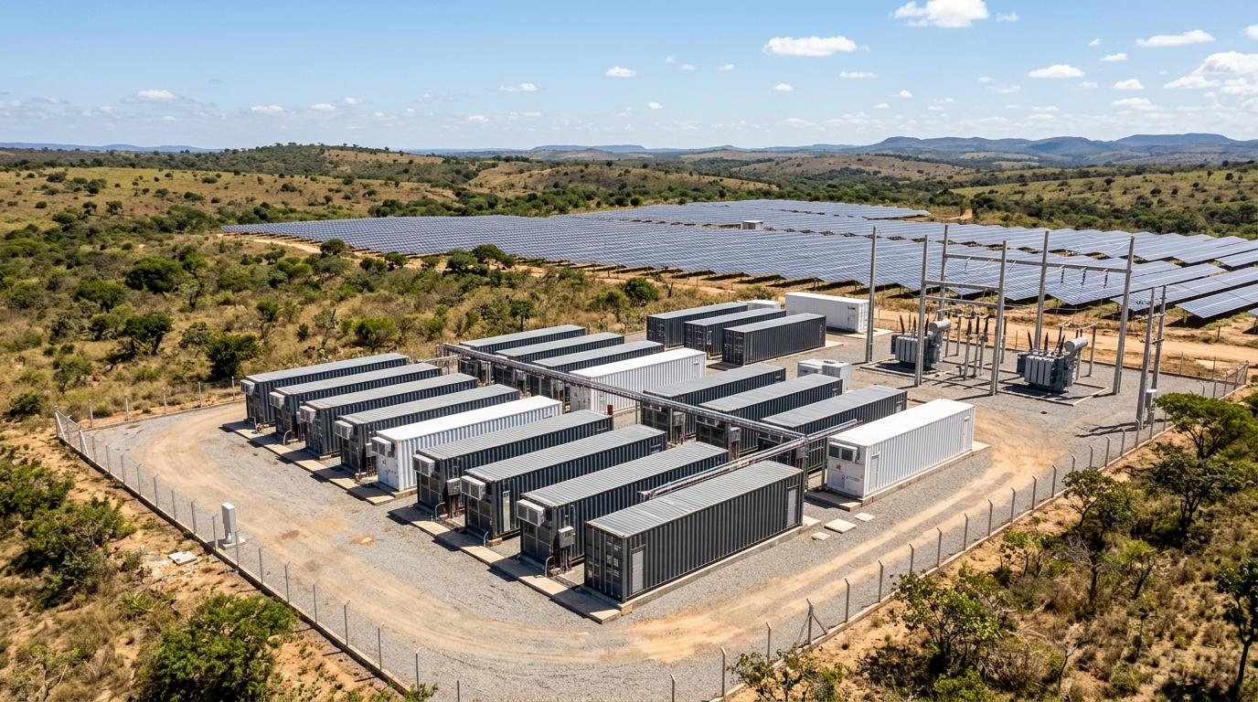 Sistema de armazenamento de energia em baterias (BESS) em fazenda solar brasileira no cerrado