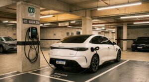 Portal EkkoGreen - Sustentabilidade, Energia Limpa e ESG no Brasil 6 carro elétrico carregando em garagem de apartamento com wallbox instalado