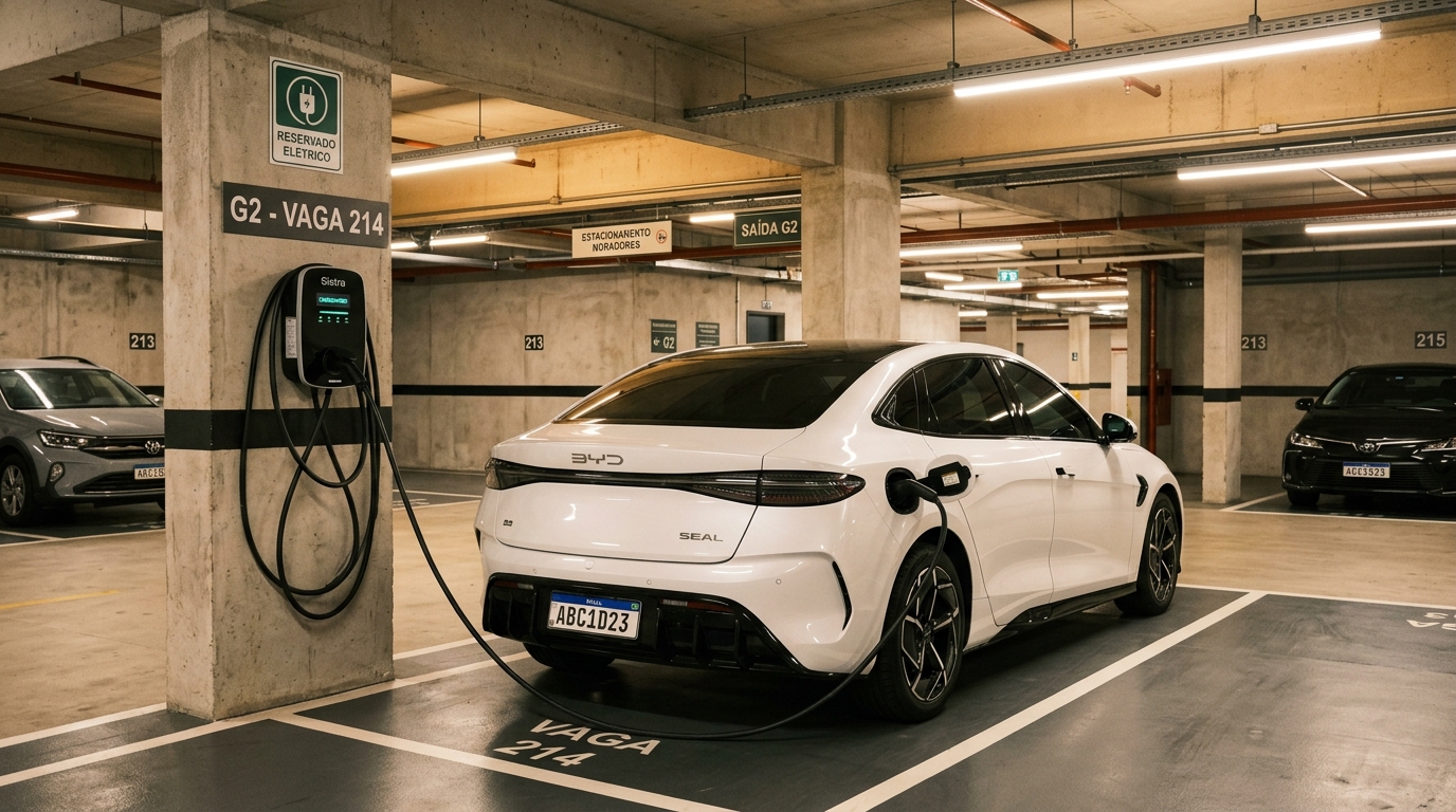 Portal EkkoGreen - Sustentabilidade, Energia Limpa e ESG no Brasil 24 carro elétrico carregando em garagem de apartamento com wallbox instalado