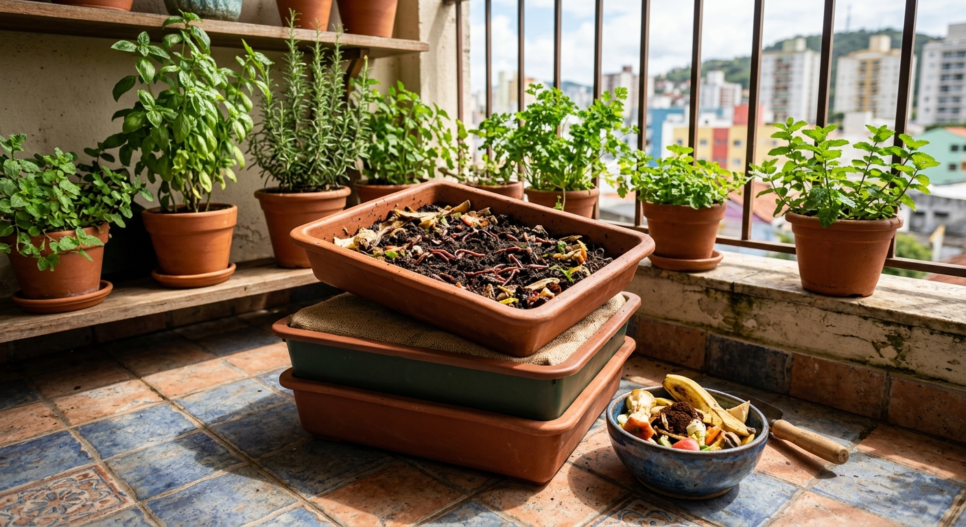Compostagem em Apartamento: Guia Completo do Zero em 30 Dias 1 Minhocario de tres bandejas aberto em sacada de apartamento brasileiro com ervas em vasos ao fundo