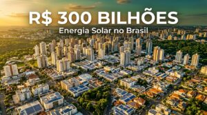 Portal EkkoGreen - Sustentabilidade, Energia Limpa e ESG no Brasil 4 Painel solar em telhados urbanos brasileiros com sobreposição de texto R$ 300 bilhões investidos