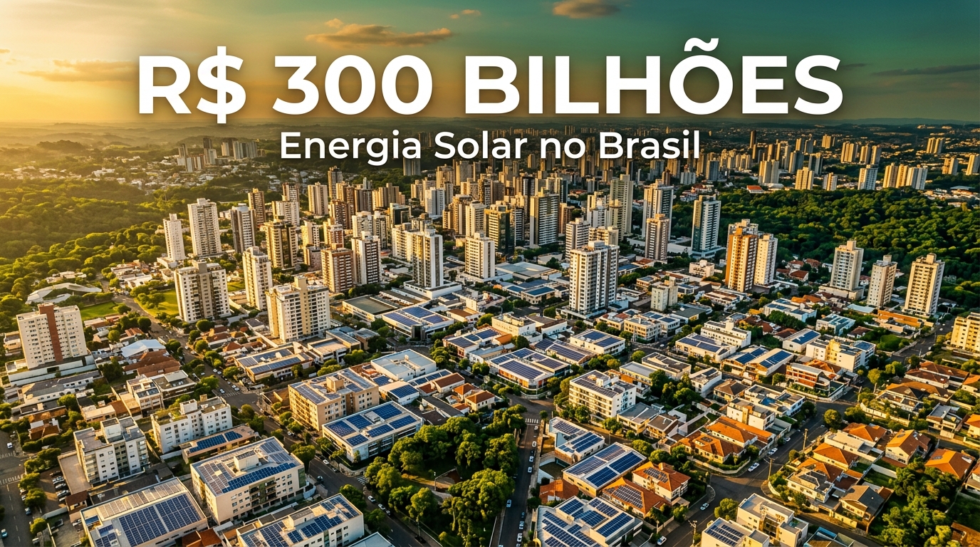 Portal EkkoGreen - Sustentabilidade, Energia Limpa e ESG no Brasil 25 Painel solar em telhados urbanos brasileiros com sobreposição de texto R$ 300 bilhões investidos