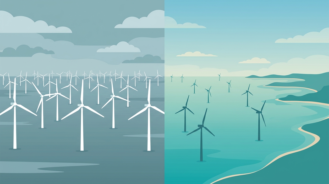 Brasil vai à Dinamarca aprender a construir eólicas no mar: o que o país mais avançado do mundo tem a ensinar 2 Ilustração comparativa entre parque eólico offshore da Dinamarca (esquerda) e potencial da costa brasileira (direita)