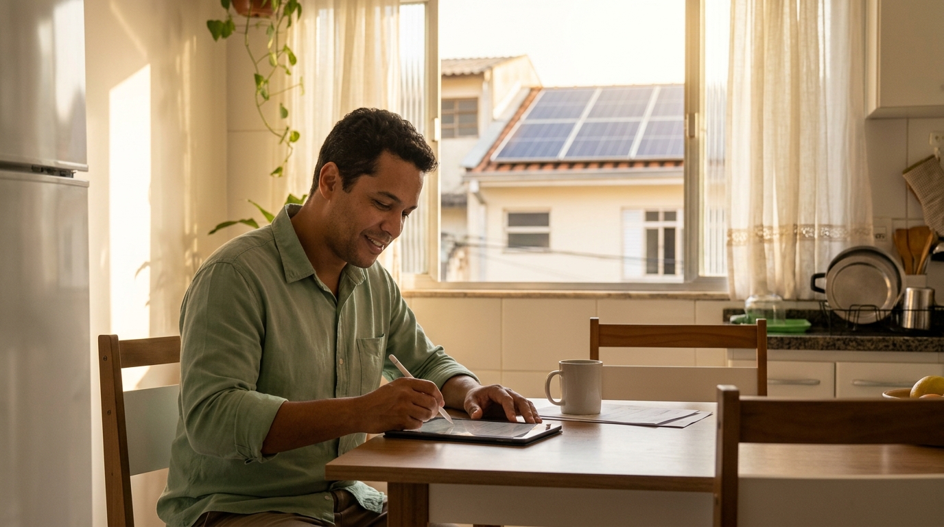 Pessoa assinando financiamento de energia solar com painéis solares visíveis pela janela