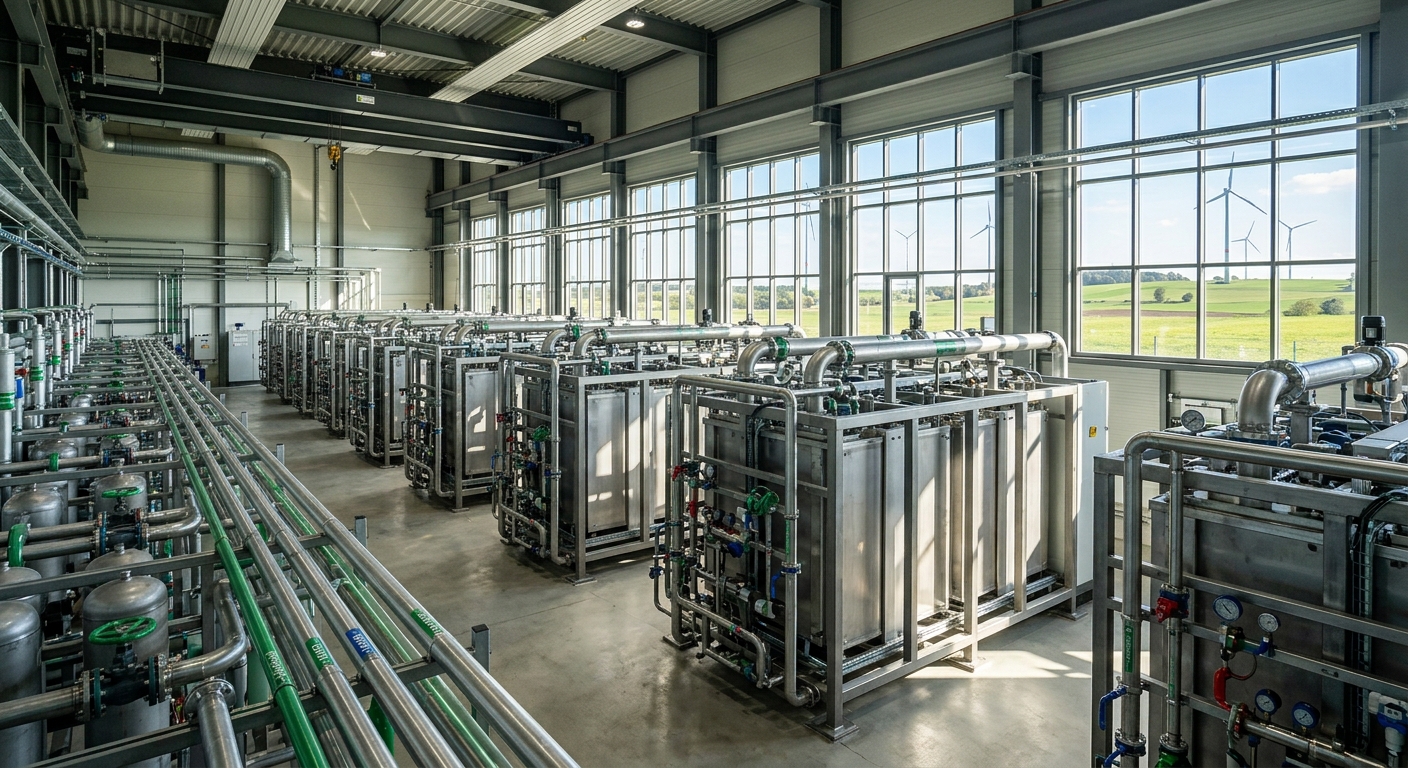 Hidrogenio Verde no Brasil em 2026: O Que E, Como Funciona e Quem Investe 1 Instalacao industrial de eletrolisadores de aco inox para producao de hidrogenio verde com turbinas eolicas ao fundo