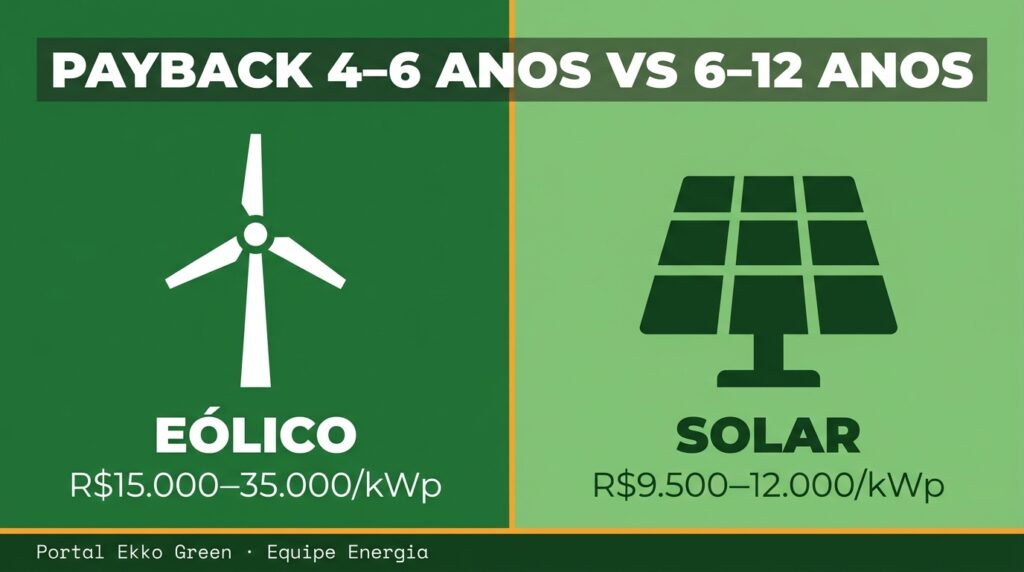 Comparativo microgeração eólica vs solar residencial no Brasil 2026 — painel solar e turbina eólica doméstica