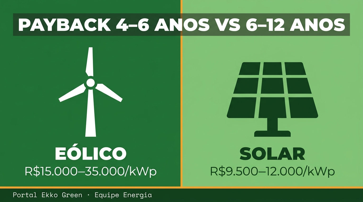 Portal EkkoGreen - Sustentabilidade, Energia Limpa e ESG no Brasil 3 Comparativo microgeração eólica vs solar residencial no Brasil 2026 — painel solar e turbina eólica doméstica