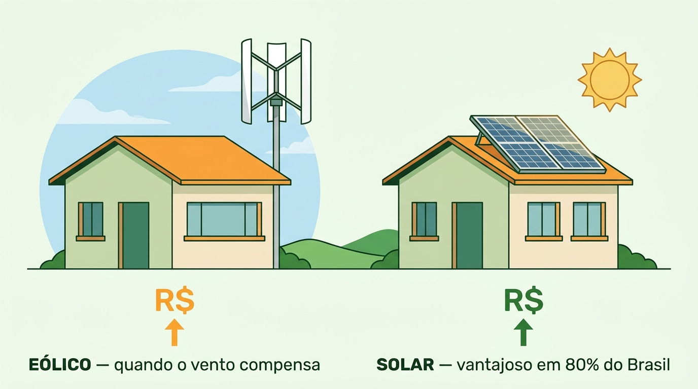 Microgeração Eólica vs Solar Residencial: Qual Tem Melhor ROI no Brasil em 2026? 2 Ilustração sistema híbrido solar e eólico residencial — quando combinar as duas tecnologias