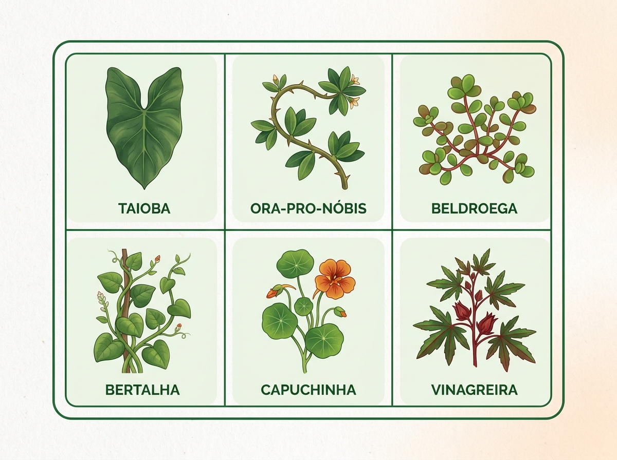 PANCS: as plantas do quintal que você pode comer 2 Guia visual de identificação das 7 principais PANCS do Brasil: taioba, ora-pro-nóbis, bertalha, vinagreira, azedinha, beldroega e capuchinha