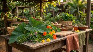 Portal EkkoGreen - Sustentabilidade, Energia Limpa e ESG no Brasil 5 Ilustração de PANCS — Plantas Alimentícias Não Convencionais comuns no Brasil como taioba, ora-pro-nóbis e beldroega