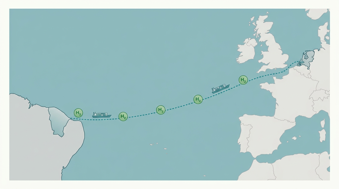 Ilustração da rota marítima entre o Ceará (Brasil) e Rotterdam (Países Baixos) com ícones de hidrogênio verde ao longo do trajeto