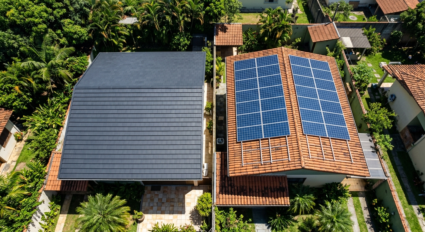 Vista aerea de dois telhados residenciais lado a lado: esquerda com telha solar integrada escura e direita com paineis fotovoltaicos azuis sobre telha de ceramica