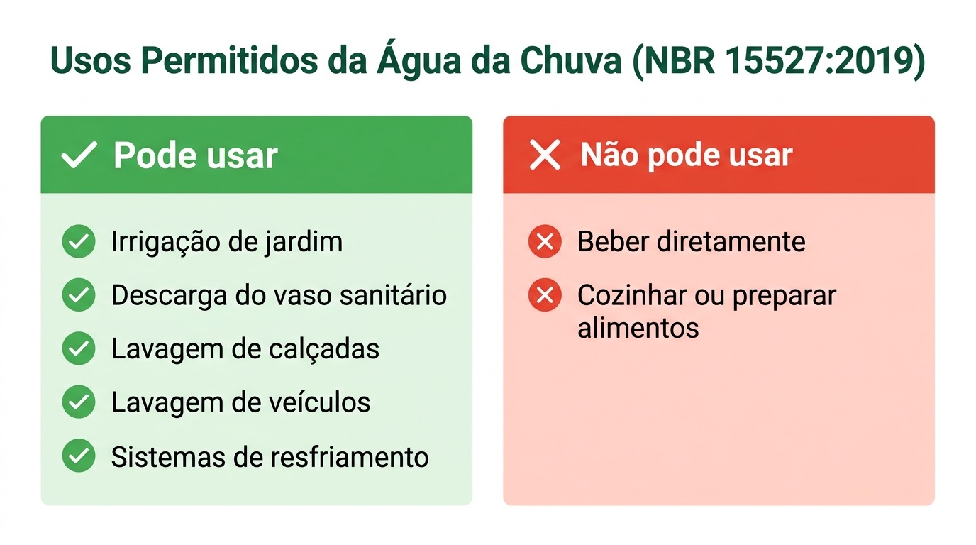 Captação de Água da Chuva: Guia Prático e Quanto Custa em 2026 1 Usos permitidos da água da chuva segundo NBR 15527:2019