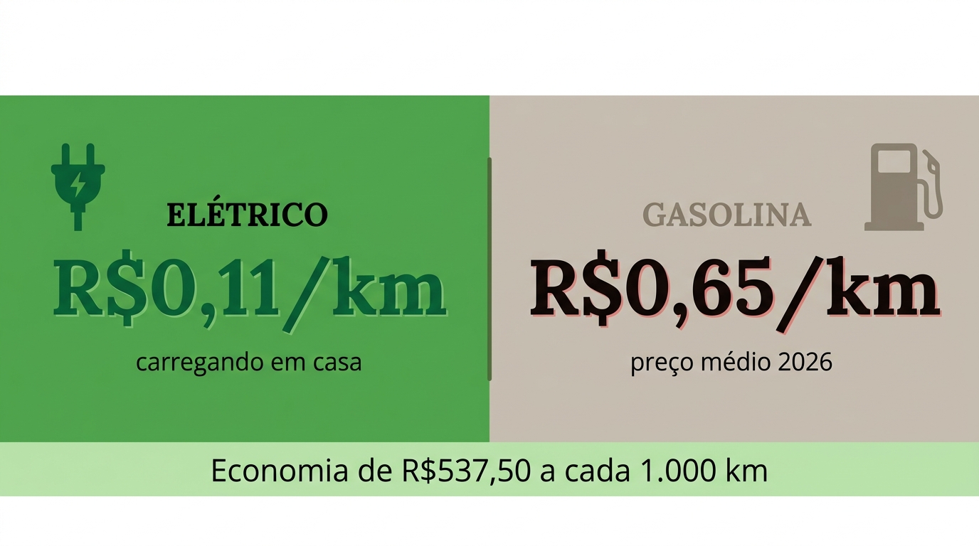 Quanto Você Economiza Dirigindo Carro Elétrico no Brasil: Conta Real por km em 2026 1 Comparativo de custo por km: elétrico R$0,11 vs gasolina R$0,65 — EkkoGreen 2026