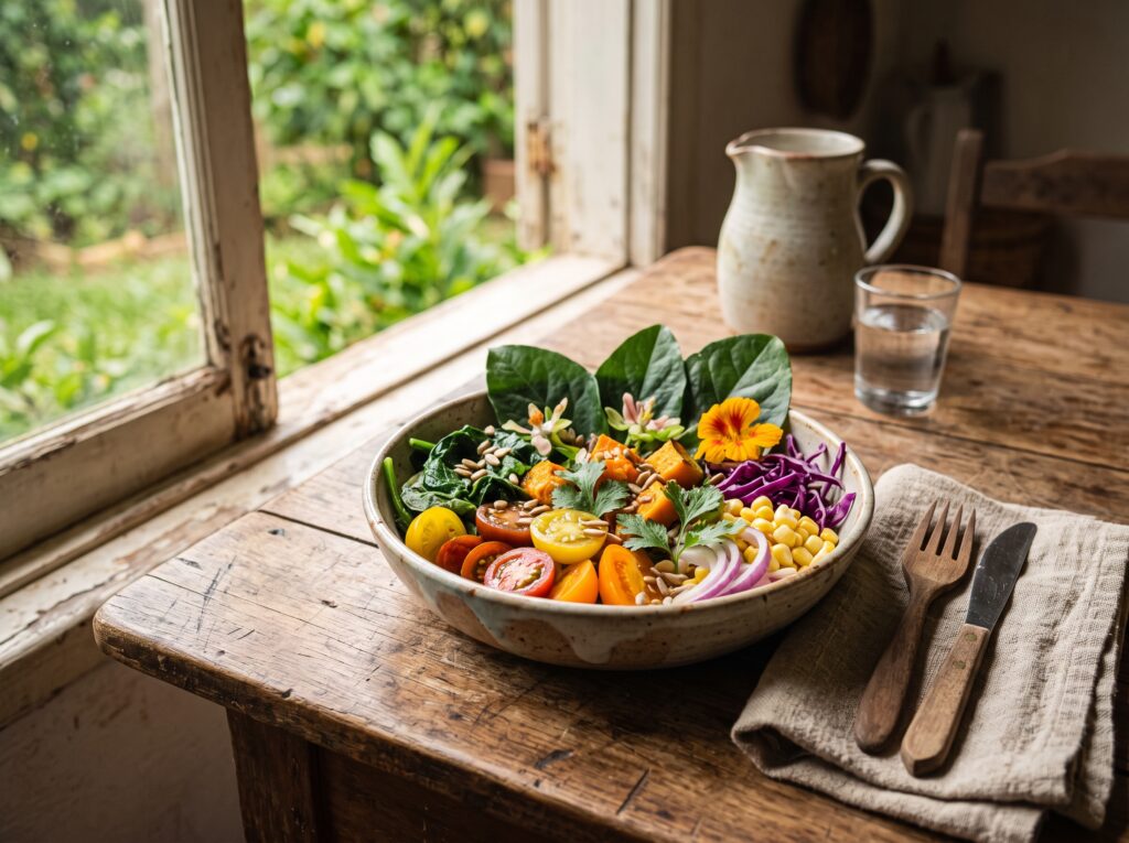 O que são PANC e por que elas importam 2 Prato com salada de PANC ora-pro-nobis e taioba