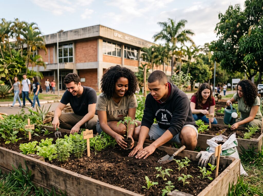 O que é o THE Impact Rankings e por que ele importa 2 Estudantes universitarios plantando em horta comunitaria no campus