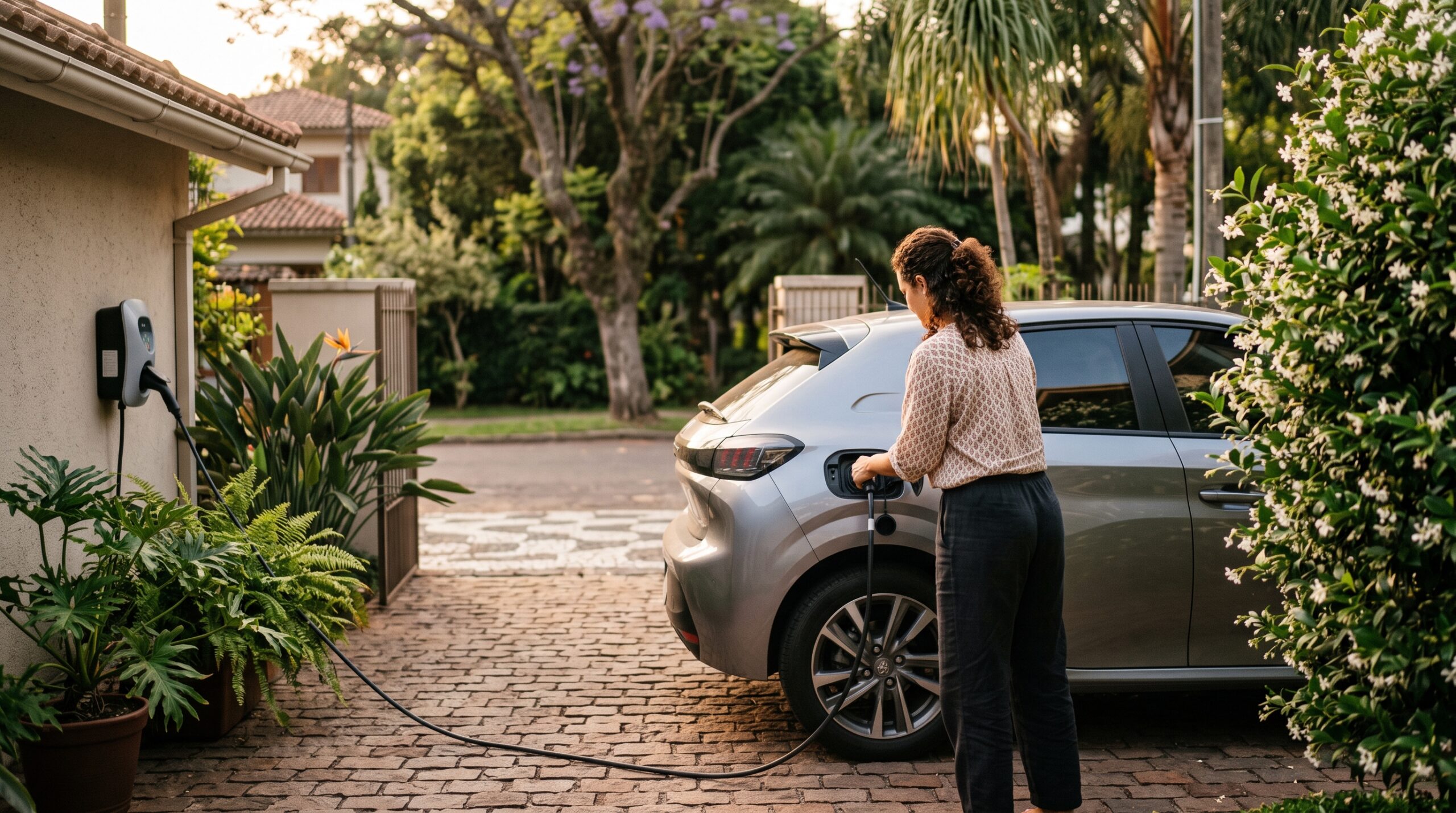 Carro eletrico carregando em garagem residencial no Brasil