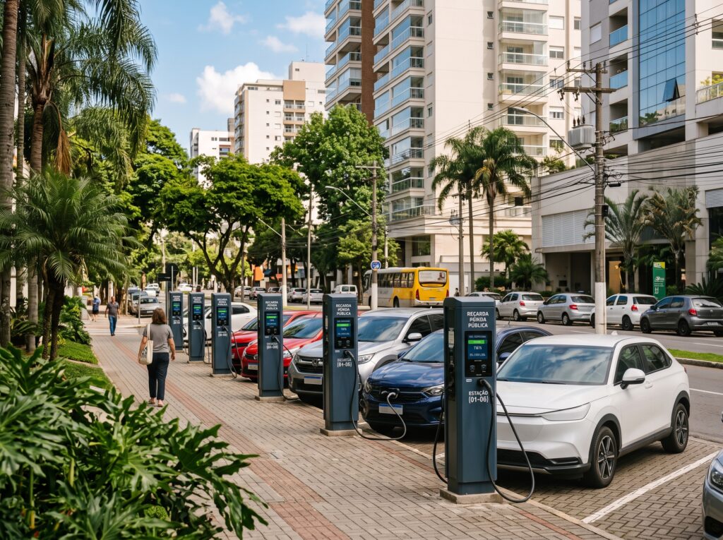 O crescimento real da frota elétrica no Brasil em 2026 2 Fileira de pontos de recarga para carros eletricos em rua urbana