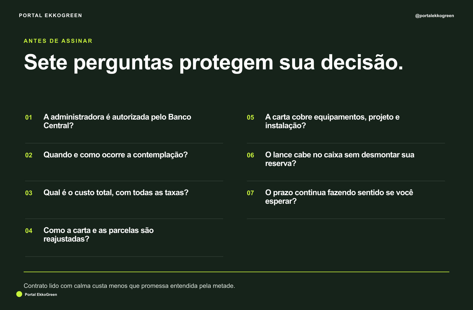 Consórcio de Energia Solar Vale a Pena? 7 Cuidados Antes de Assinar 3 Checklist visual com sete verificações para comparar um consórcio de energia solar.