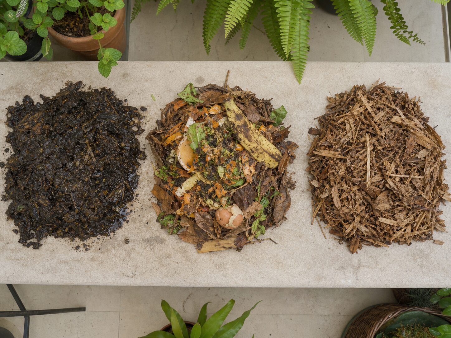 Como Evitar Cheiro Ruim na Compostagem Doméstica 2 Comparação visual entre composto encharcado, mistura equilibrada e material seco