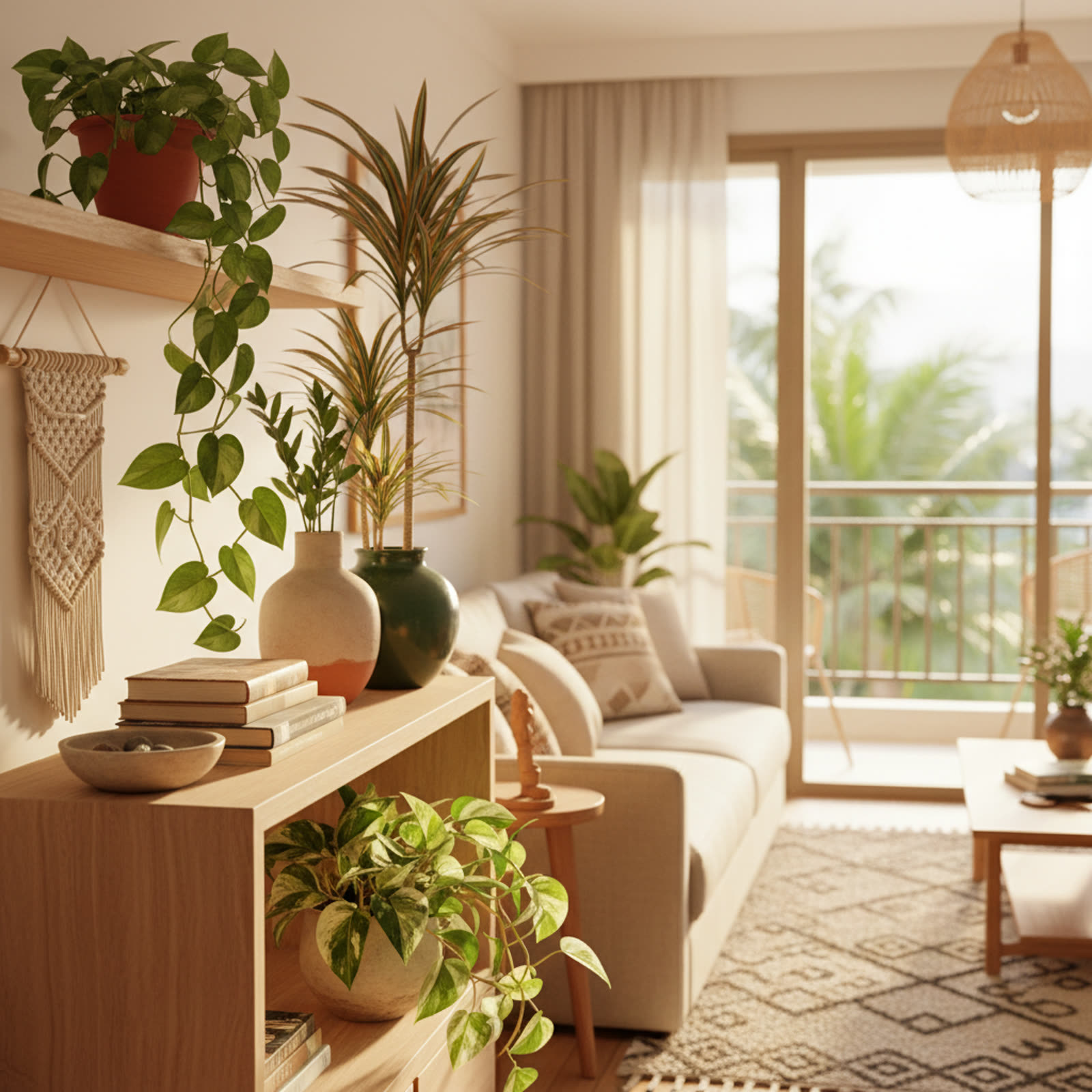 Hospital que Utiliza Natureza como Cura: Como Replicar Biofilia em Casa para Bem-Estar 3 Fotografia still-life de vasos com filodendro, dracena e jiboia em uma estante de apartamento brasileiro, luz natural su