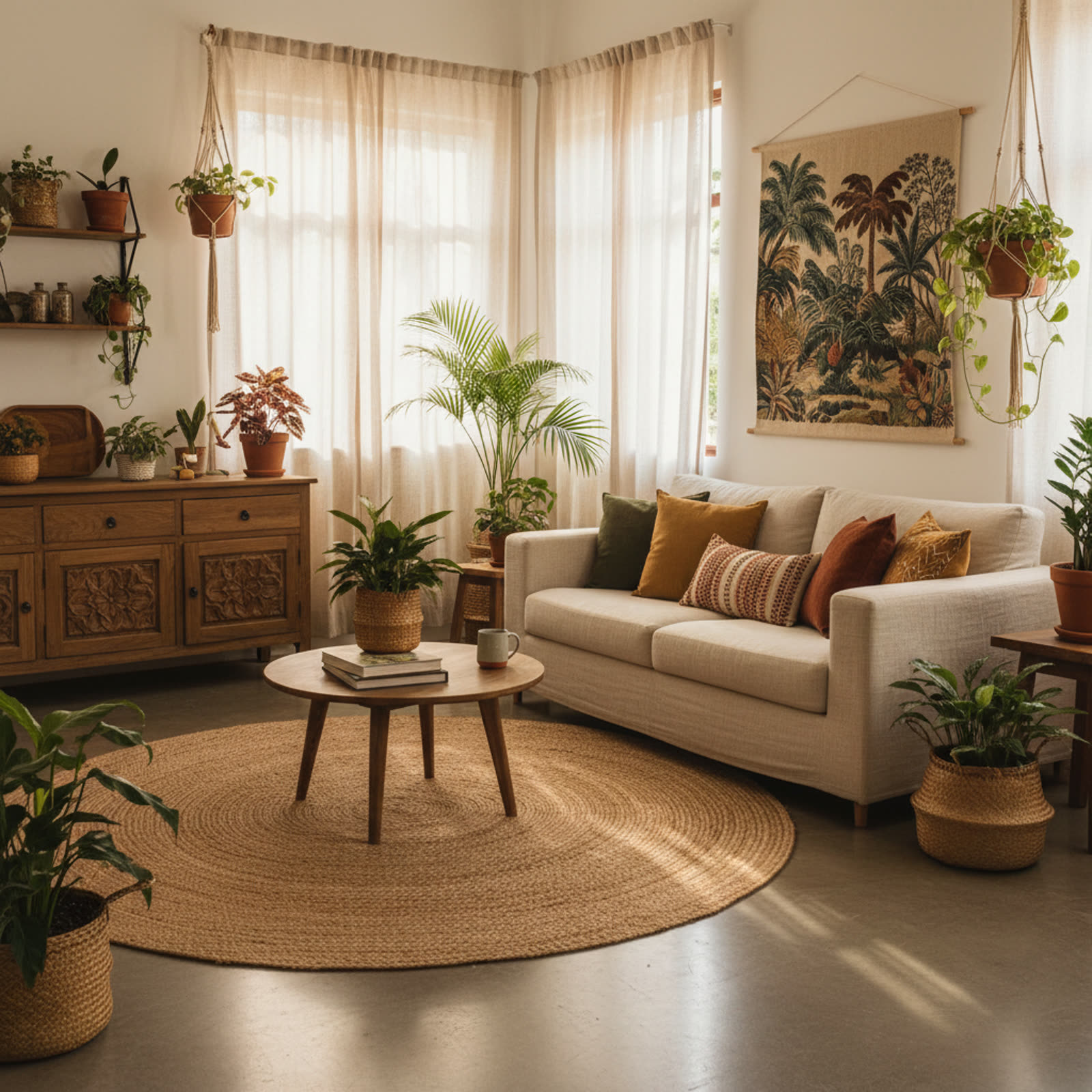 Hospital que Utiliza Natureza como Cura: Como Replicar Biofilia em Casa para Bem-Estar 2 Sala de estar brasileira com plantas variadas e luz natural