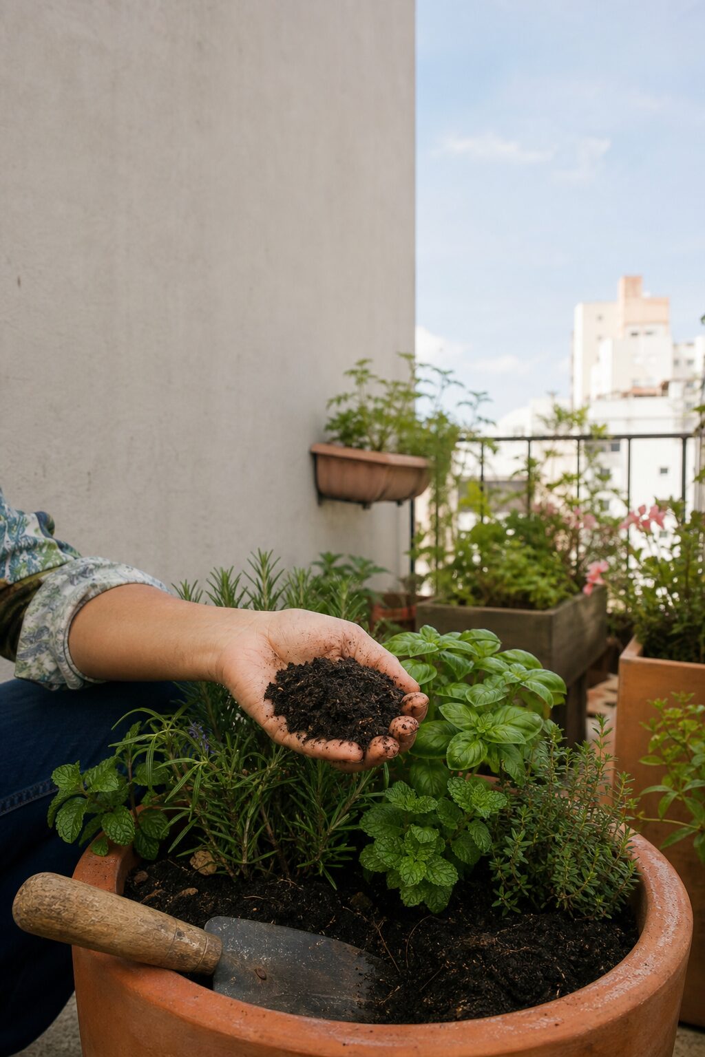 Como Evitar Cheiro Ruim na Compostagem Doméstica 5 Composto estabilizado aplicado em horta de varanda