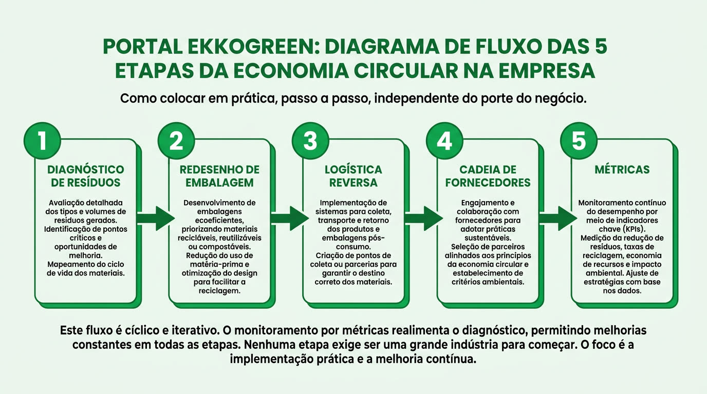 Economia Circular na Empresa: Como Aplicar em 5 Passos 2 diagrama de fluxo das 5 etapas da economia circular na empresa — diagnóstico de resíduos, redesenho de embalagem