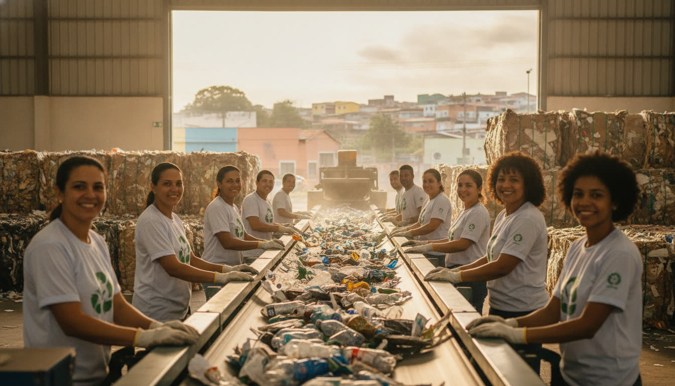Economia Circular na Empresa: Como Aplicar em 5 Passos 3 fotografia de cooperativa de reciclagem brasileira recebendo resíduo comercial separado, esteira e fardos organizados