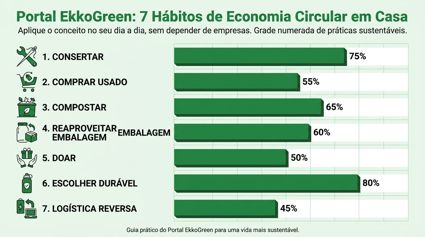infográfico dos 7 hábitos de economia circular em casa em grade numerada com ícones simples — consertar, comprar usado