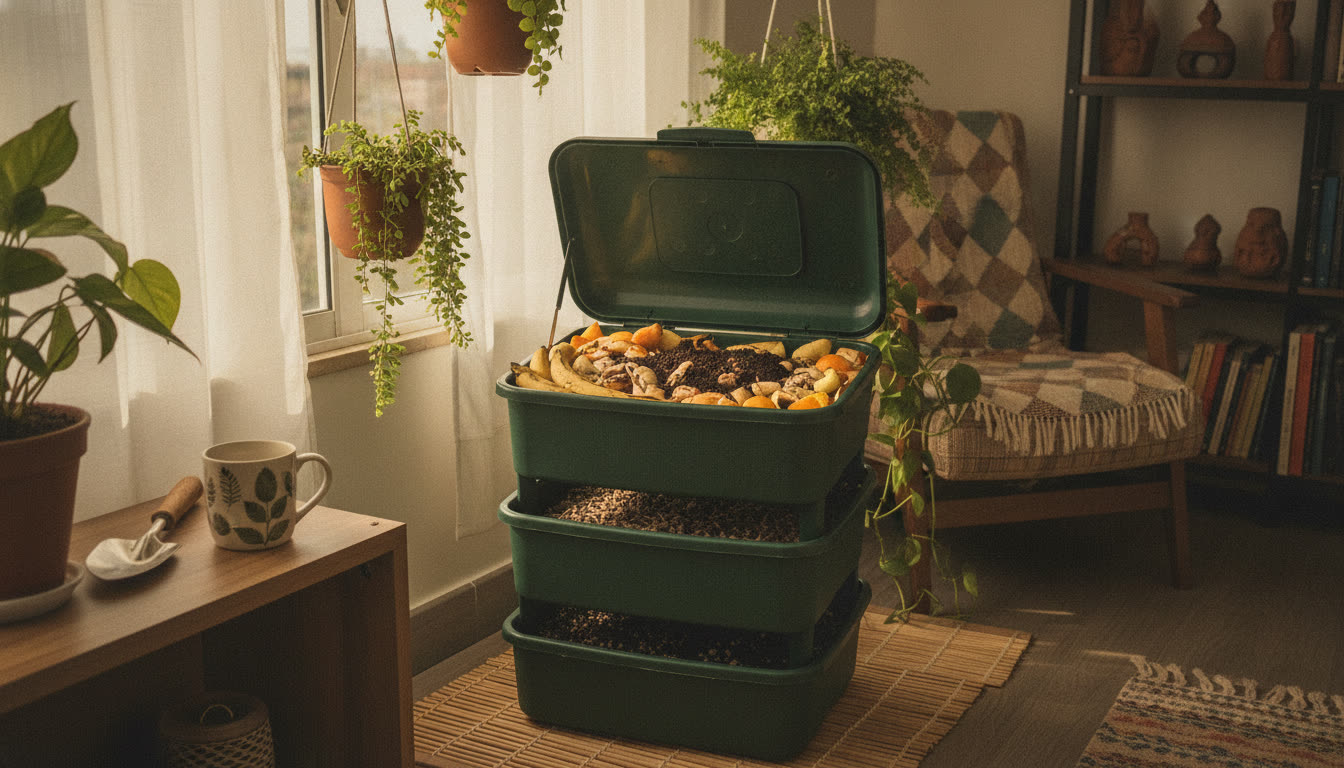 Economia Circular em Casa: 7 Hábitos Práticos Pra Começar 3 fotografia de composteira doméstica de três bandejas em apartamento pequeno, restos de fruta e borra de café visíveis