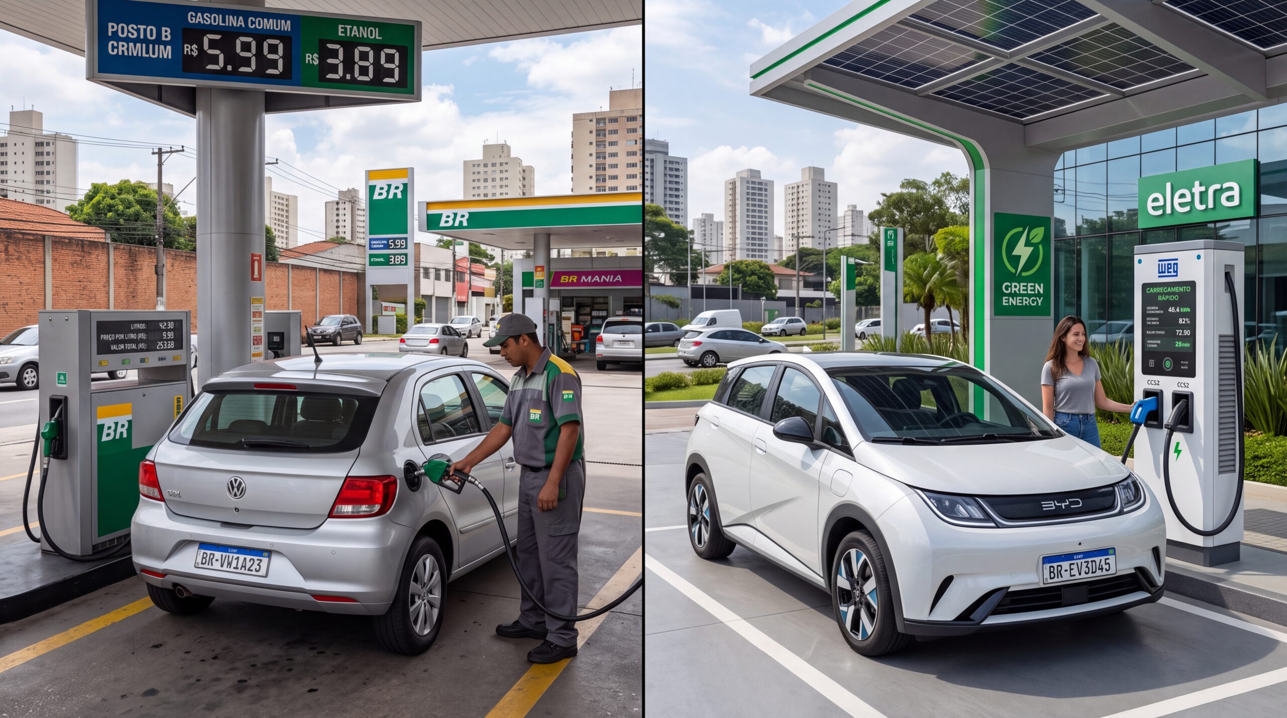 Aluguel de Carro Elétrico no Brasil: Preços, Locadoras e Quando Vale a Pena 3 Comparativo de custo entre abastecimento a gasolina e carregamento de carro eletrico no Brasil