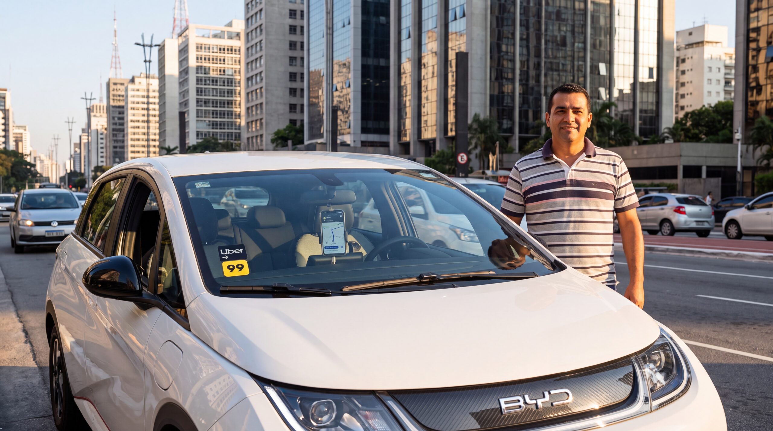 Aluguel de Carro Elétrico no Brasil: Preços, Locadoras e Quando Vale a Pena 4 Motorista de aplicativo Uber ao lado de carro eletrico BYD na avenida Paulista em Sao Paulo