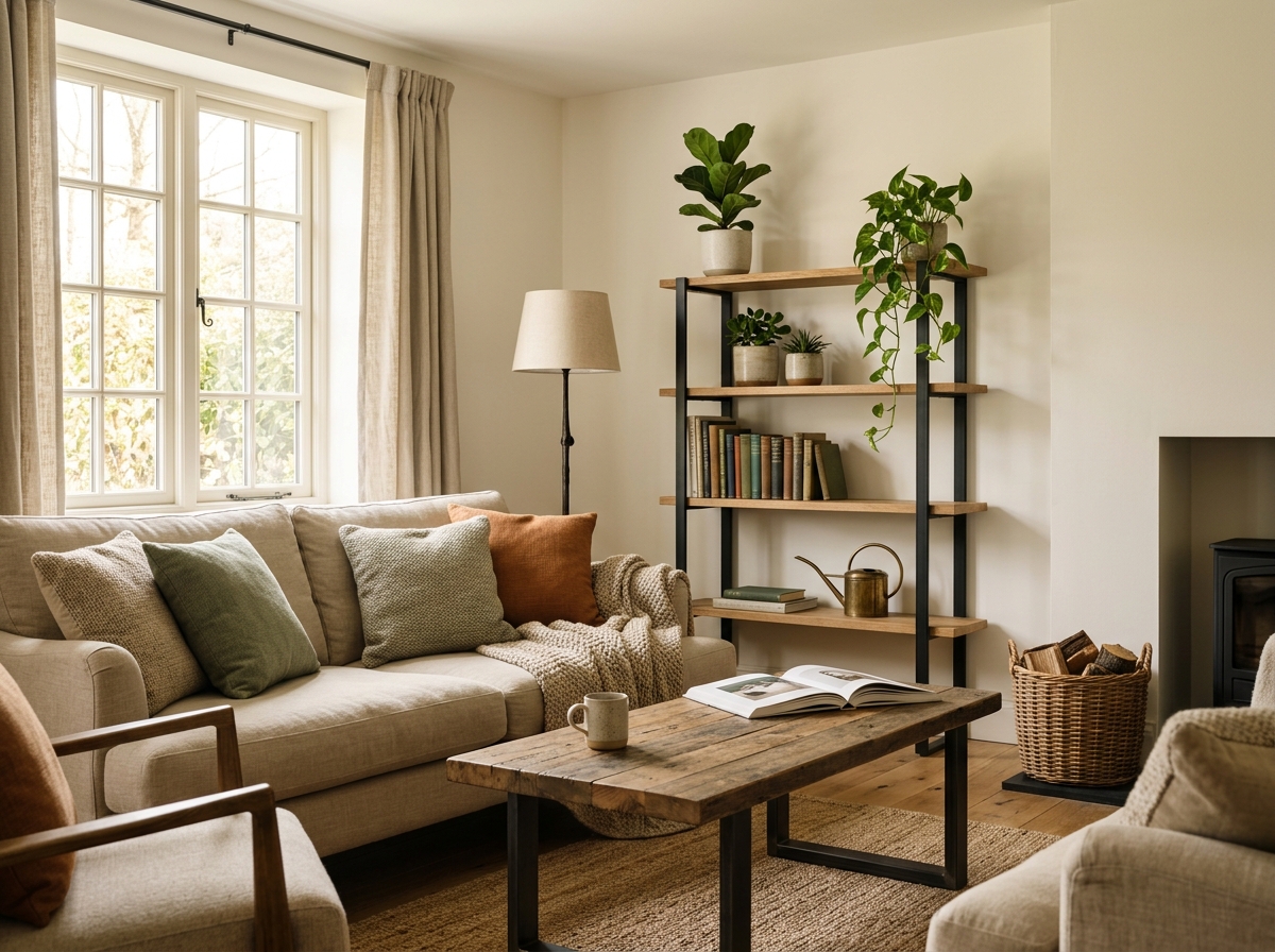 Materiais Sustentáveis Para Decoração: Guia Completo Para Escolher Bem 3 Ambiente decorado combinando madeira certificada, metal reciclado e têxtil natural