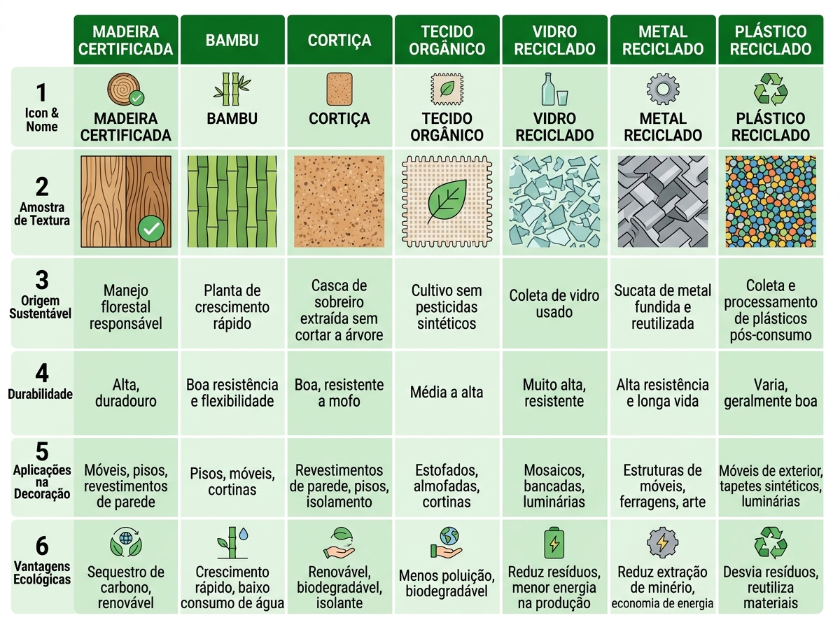 Materiais Sustentáveis Para Decoração: Guia Completo Para Escolher Bem 2 Comparativo de 7 materiais sustentáveis para decoração: madeira certificada, bambu, cortiça, tecido orgânico, vidro reciclado, metal reciclado e plástico reciclado