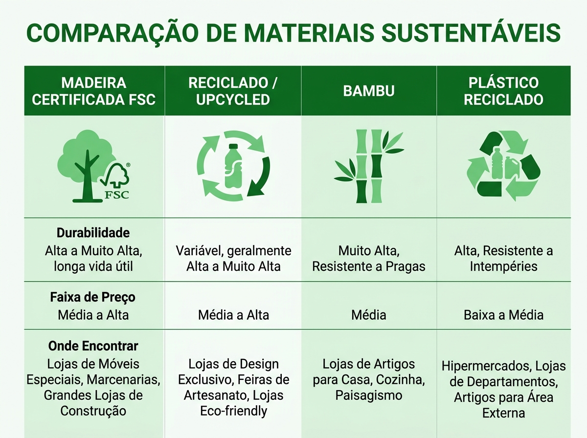 Onde Comprar Móveis Sustentáveis no Brasil em 2026 2 Comparativo de materiais sustentáveis para móveis: madeira certificada FSC, reciclado, bambu e plástico reciclado