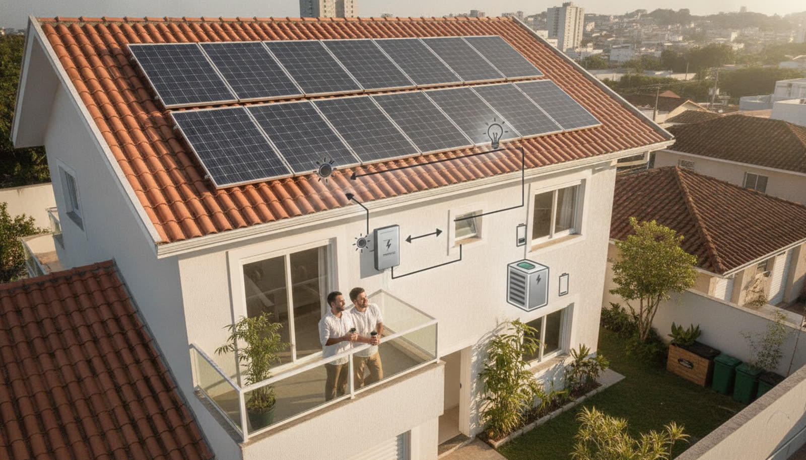 BYD Passa a Vender Kits de Energia Solar em Suas Concessionárias 2 diagrama mostrando os 8 painéis solares instalados no telhado de uma casa, com a indicação dos componentes do sistema