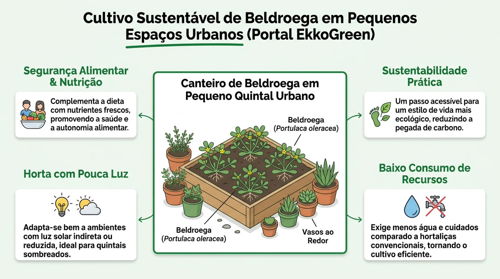 Beldroega: Como Identificar, Plantar e Consumir 3 canteiro de beldroega em um pequeno quintal urbano, com vasos ao redor