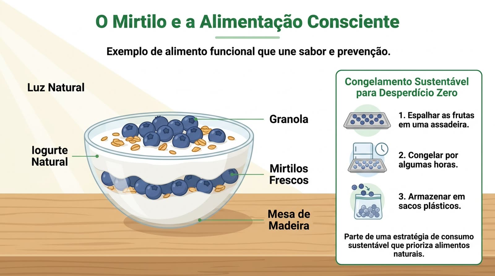 Mirtilo para Consumo e Cultivo: Guia Horta em Casa Brasil 3 tigela de iogurte natural com mirtilos frescos e granola, em uma mesa de madeira com luz natural