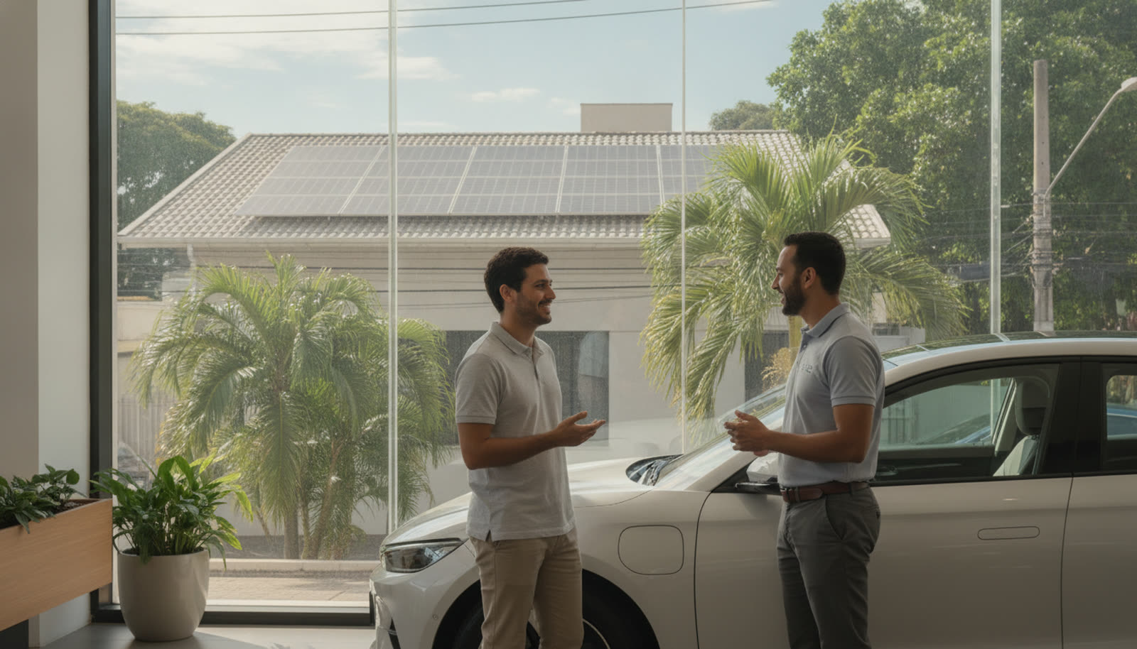 BYD Passa a Vender Kits de Energia Solar em Suas Concessionárias 3 consumidor brasileiro conversando com um vendedor em uma concessionária BYD, com um carro elétrico ao fundo e um