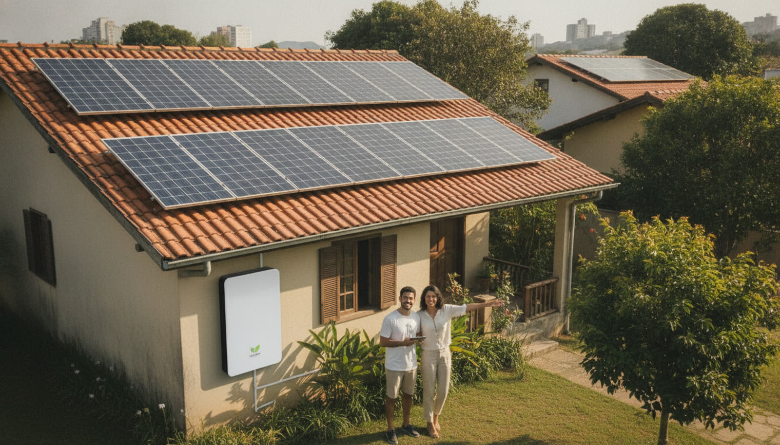 Fórum Brasil-China Reunirá Especialistas sobre Futuro da Energia Solar e de Armazenamento 2 painéis solares instalados em telhado de residência brasileira, com bateria de armazenamento ao lado