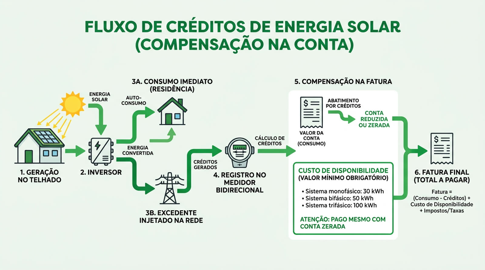 Fórum Brasil-China Reunirá Especialistas sobre Futuro da Energia Solar e de Armazenamento 3 infográfico mostrando o fluxo de créditos de energia solar, desde a geração no telhado até a compensação na conta de luz