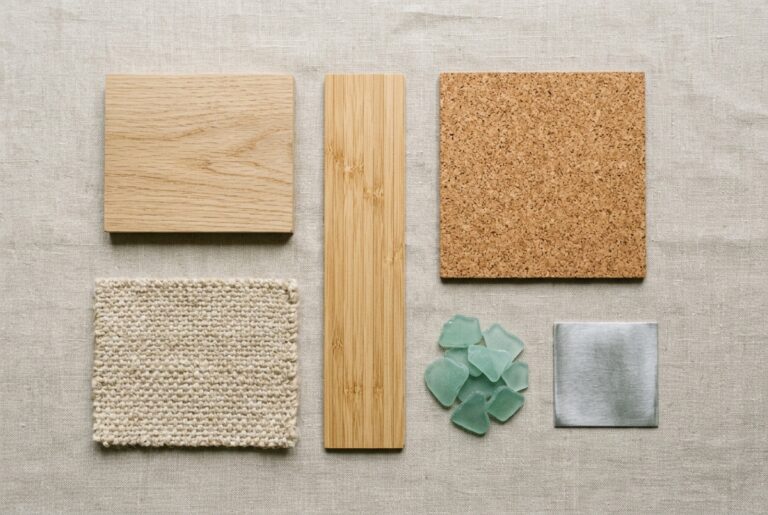 Amostras de materiais sustentáveis para decoração: madeira certificada, bambu, cortiça, tecido, vidro e metal reciclados