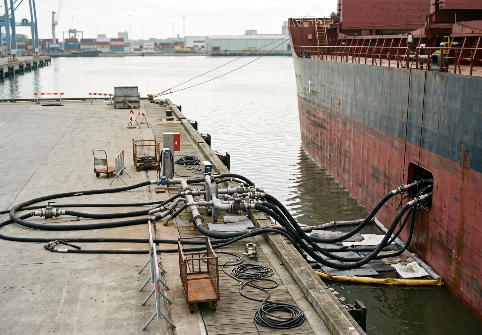 ANP Debate Atualização das Regras para Combustíveis Aquaviários 2 Mangotes e conexões em um cais junto ao casco de um navio de carga; imagem ilustrativa