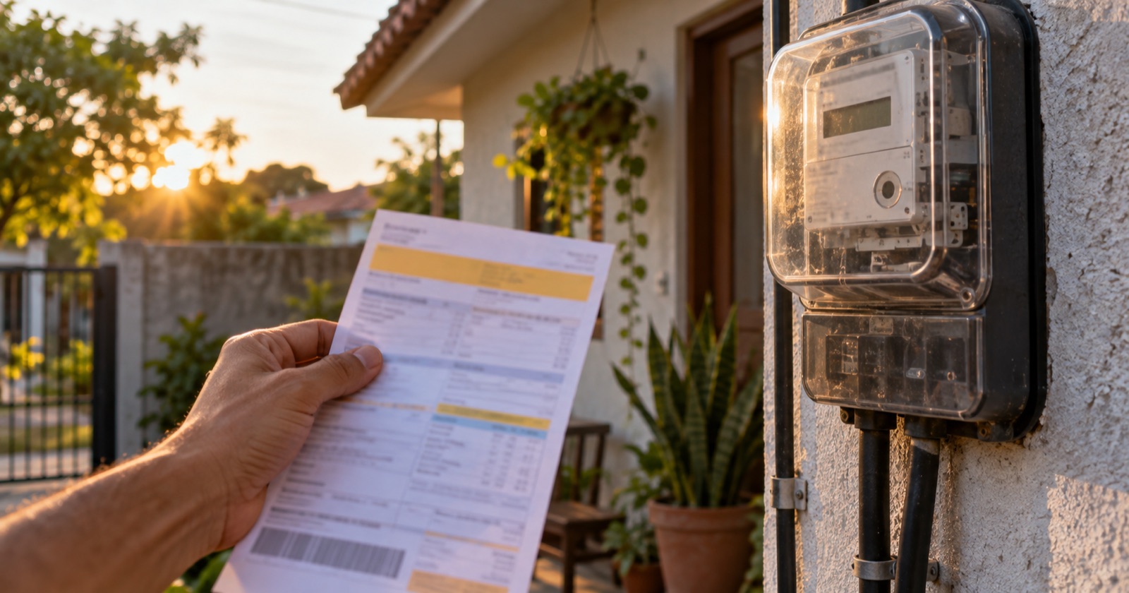Medidor de energia residencial ao lado de uma fatura em uma casa brasileira