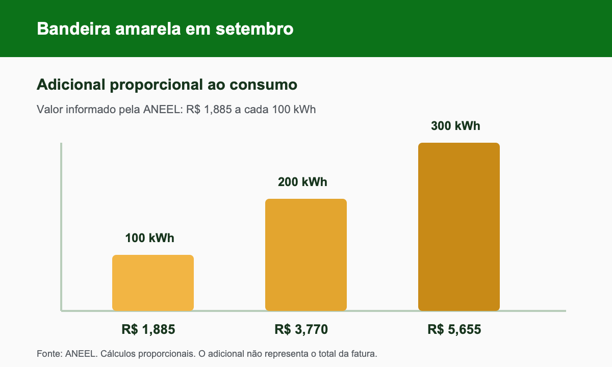 Bandeira Amarela Continua em Setembro e Acrescenta R$ 1,885 por 100 kWh 2 Infográfico com o adicional de R$ 1,885 por cada 100 kWh consumidos