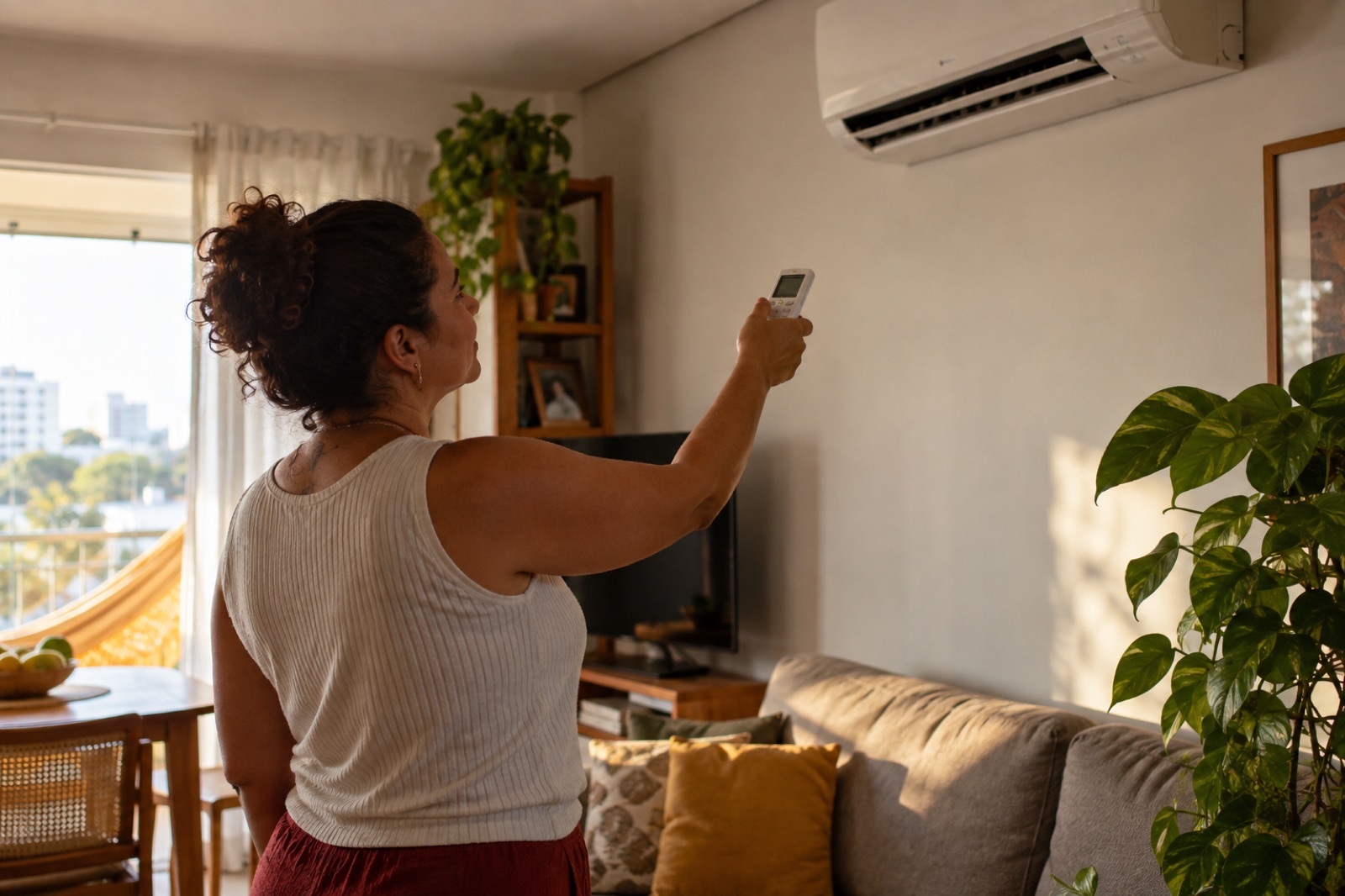 Bandeira Amarela Continua em Setembro e Acrescenta R$ 1,885 por 100 kWh 3 Pessoa ajusta o uso do ar-condicionado em uma sala iluminada por luz natural
