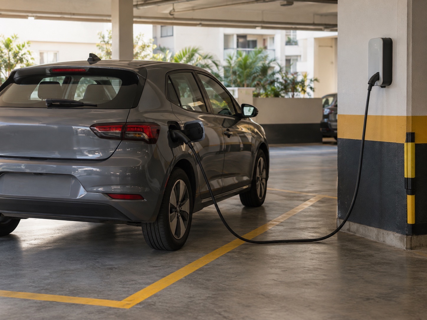 Carros Elétricos em 2026: Três Opções para Usos Diferentes 2 Carro elétrico conectado a um ponto de recarga em garagem residencial; imagem ilustrativa gerada por IA, não representa modelo ou instalação específicos.